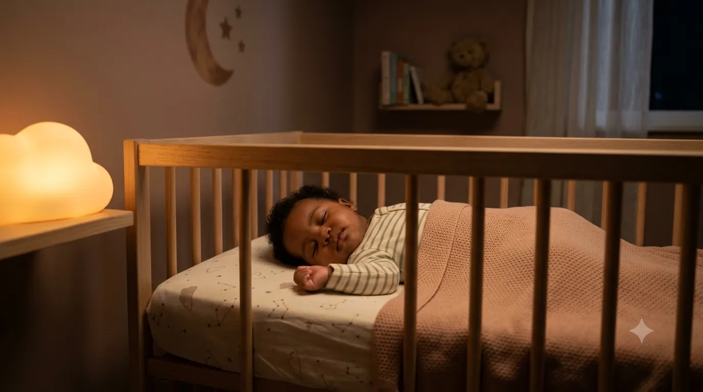 A peaceful black baby sleeping safely
